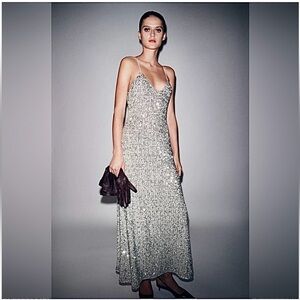 Zara long sequin silver v-neck midi dress sz.XS